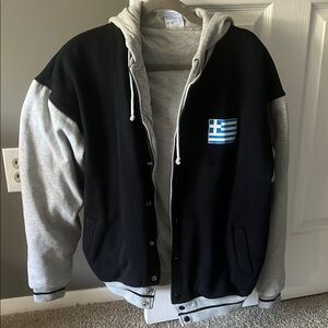 UNISEX Black and Gray Varsity Jacket with Greek Flag Patch 🇬🇷